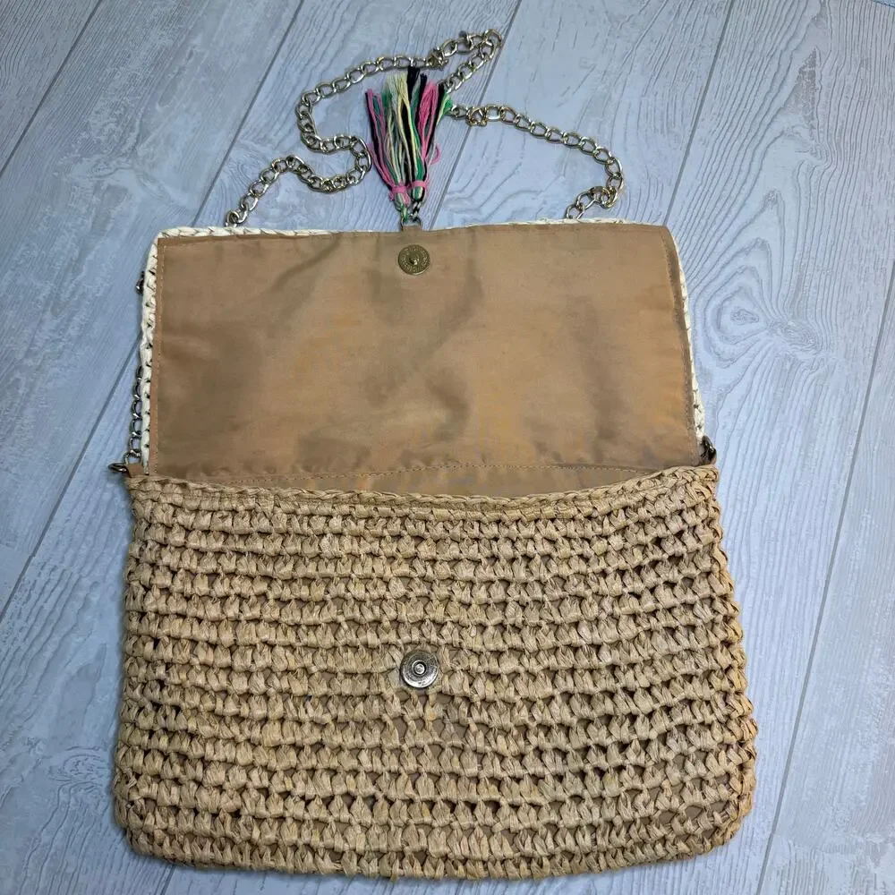 Women's Paper Straw Natural Crossbody Purse Bag With Chain Strap Summer Beach